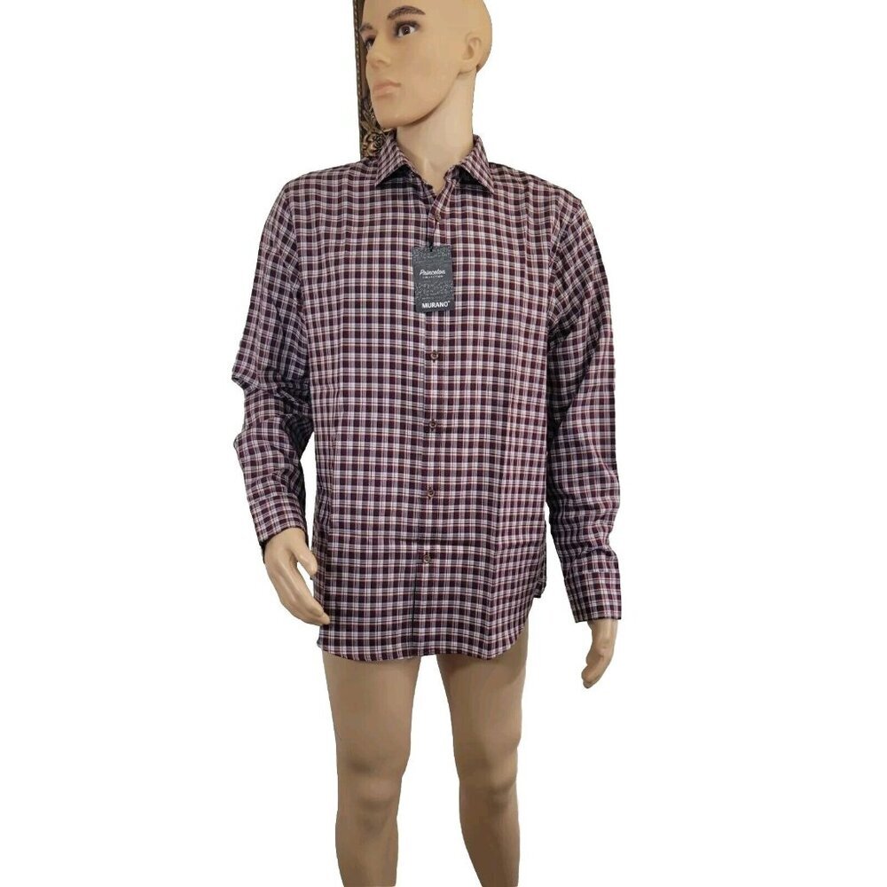 Murano Princeton Men's Shirt Size XL Plaid Burgundy White Long Sleeve New 33